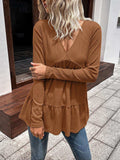 Waffle-knit V-Neck Long Sleeve Blouse - Trendsi - Flyclothing LLC