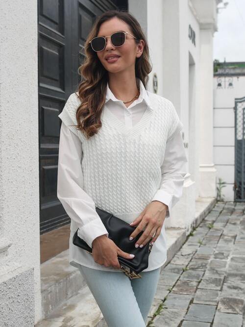 Cable-knit V-Neck Sweater Vest - Trendsi