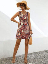 Smocked Printed V-Neck Mini Dress - Trendsi - Flyclothing LLC