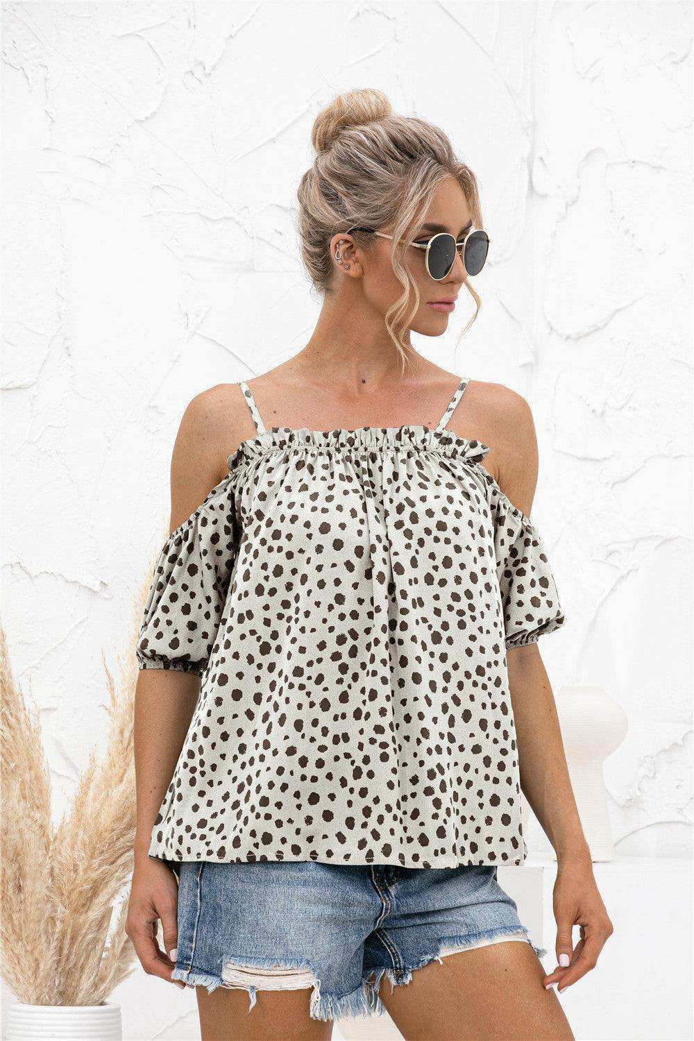 Printed Cold-Shoulder Frill Trim Blouse - Trendsi - Flyclothing LLC