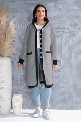 Button Up Contrast Trim Hooded Cardigan - Trendsi