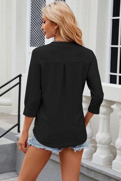 Eyelet Notched Knit Jacquard Top - Trendsi
