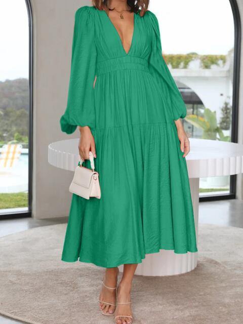 Deep V-Neck Balloon Sleeve Plain Maxi Dress - Trendsi