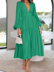 Deep V-Neck Balloon Sleeve Plain Maxi Dress - Trendsi