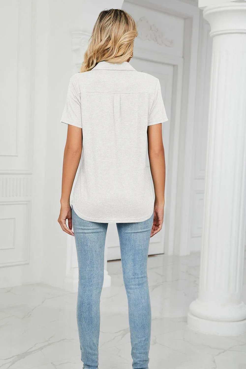 Curved Hem Johnny Collar Polo Shirt - Trendsi - Flyclothing LLC