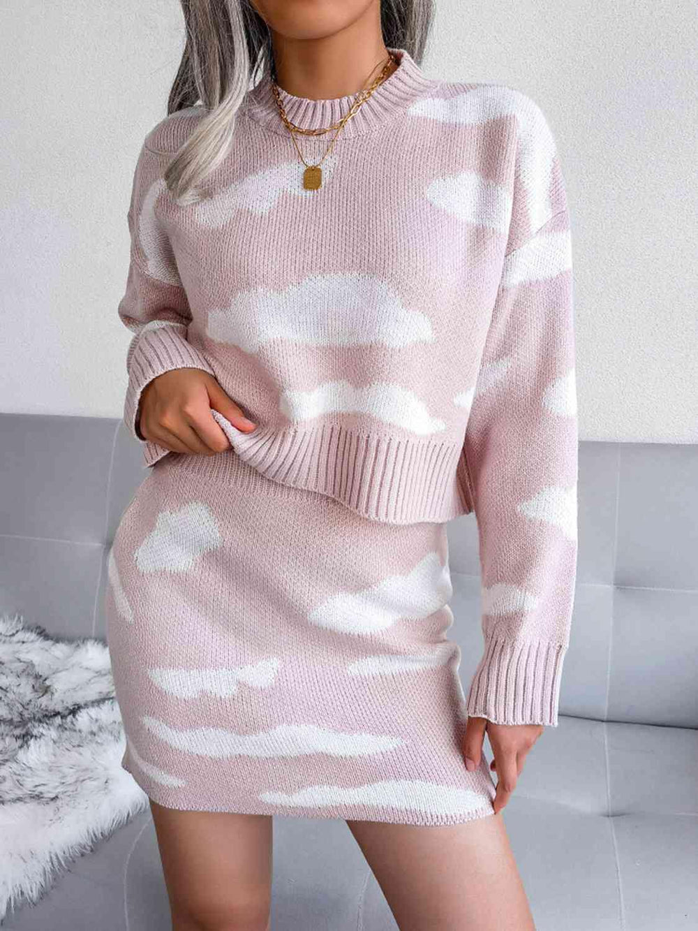 Cloud Sweater and Knit Skirt Set - Trendsi