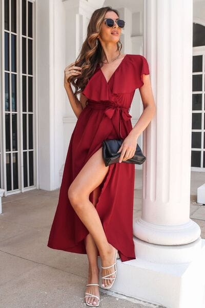 Ruffled Surplice Tie Waist Slit Midi Dress - Trendsi