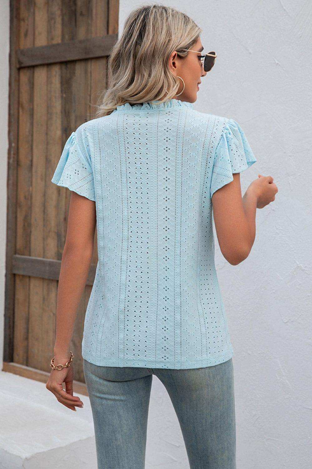 Eyelet Notched Neck Flutter Sleeve Top - Trendsi - Flyclothing LLC