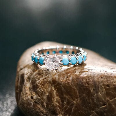Inlaid Artificial Turquoise Zircon 925 Sterling Silver Ring - Trendsi