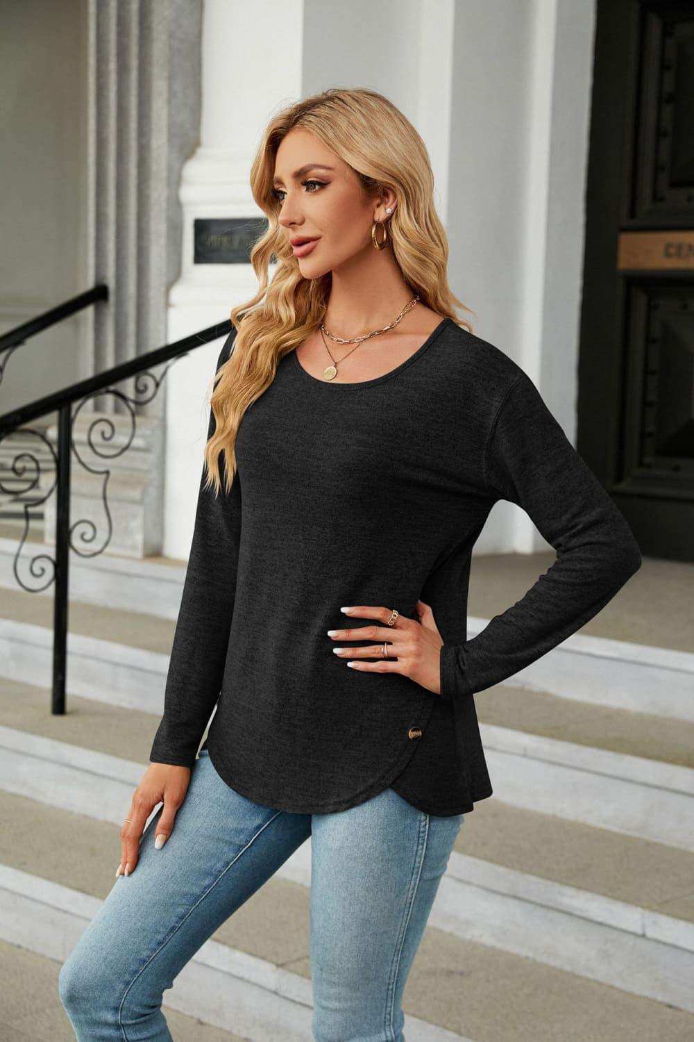 Round Neck Long Sleeve T-Shirt - Trendsi - Flyclothing LLC