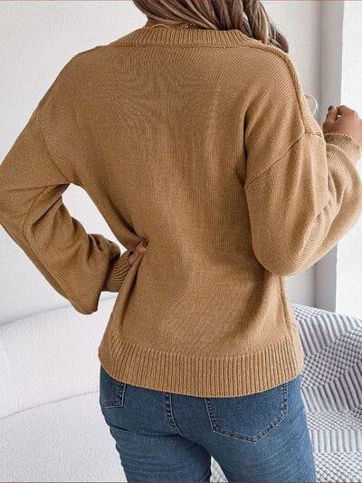 Cable-Knit Buttoned V-Neck Sweater - Trendsi