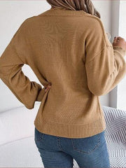 Cable-Knit Buttoned V-Neck Sweater - Trendsi