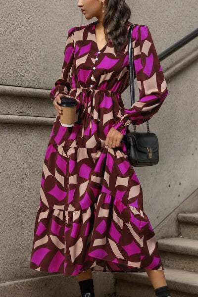 Printed Tied Pocketed Lantern Sleeve Dress - Trendsi - Flyclothing LLC