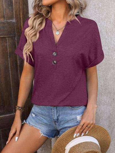 Notched Buttoned Short Sleeve T-Shirt - Trendsi - Flyclothing LLC