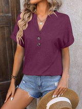 Notched Buttoned Short Sleeve T-Shirt - Trendsi - Flyclothing LLC