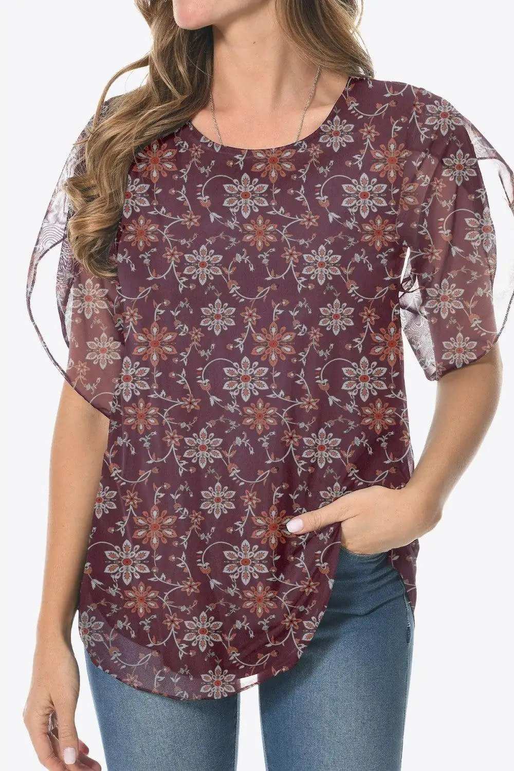 Printed Round Neck Curved Hem Blouse - Trendsi - Flyclothing LLC