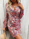 Tied Printed Long Sleeve Mini Dress - Flyclothing LLC