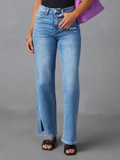 Slit Buttoned Jeans with Pockets - Trendsi - Flyclothing LLC