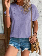 Eyelet Round Neck Short Sleeve T-Shirt - Trendsi