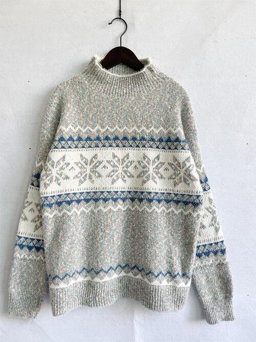 Geometric Mock Neck Dropped Shoulder Sweater - Trendsi