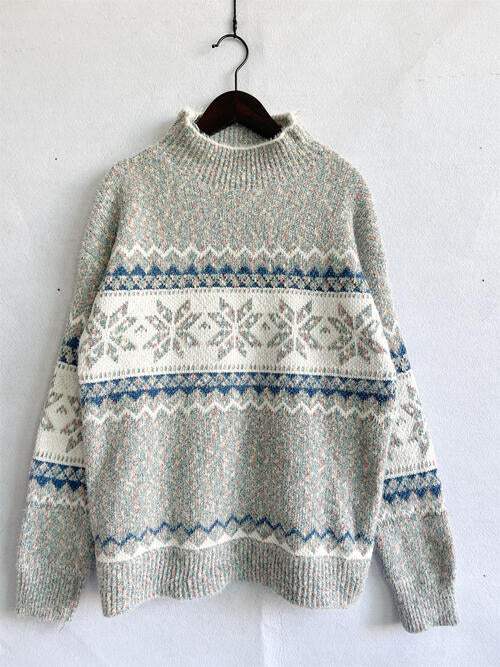 Geometric Mock Neck Dropped Shoulder Sweater - Trendsi - Flyclothing LLC