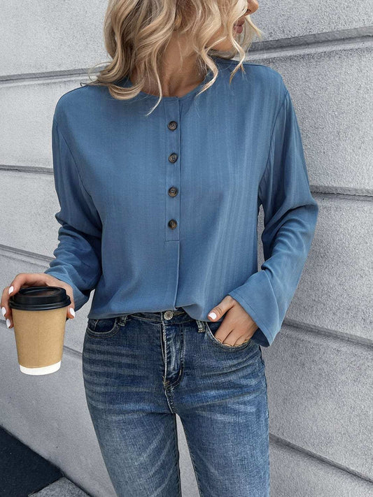Half Button Long Sleeve Blouse - Trendsi - Flyclothing LLC