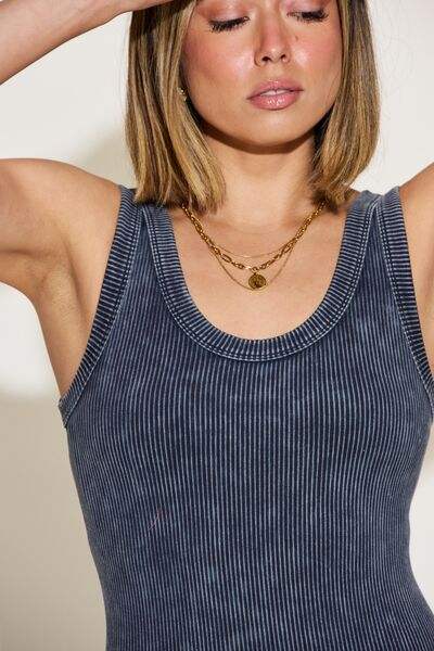Zenana Ribbed Washed Round Neck Sleeveless Romper - Trendsi - Flyclothing LLC