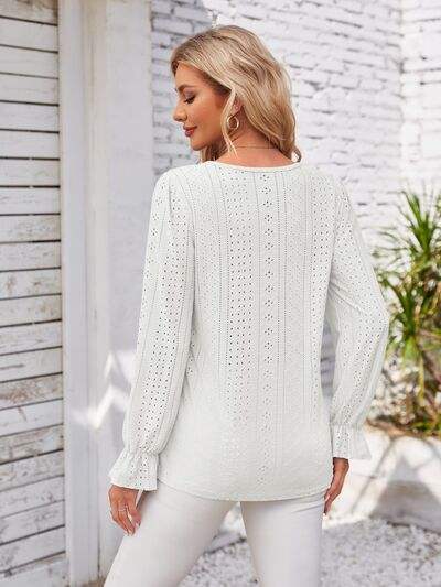 Applique V-Neck Flounce Sleeve T-Shirt - Trendsi - Flyclothing LLC
