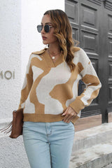 Two-Tone Johnny Collar Dropped Shoulder Pullover Sweater - Flyclothing LLC