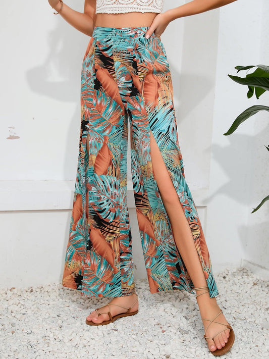 Printed Split Wide Leg Long Pants - Trendsi