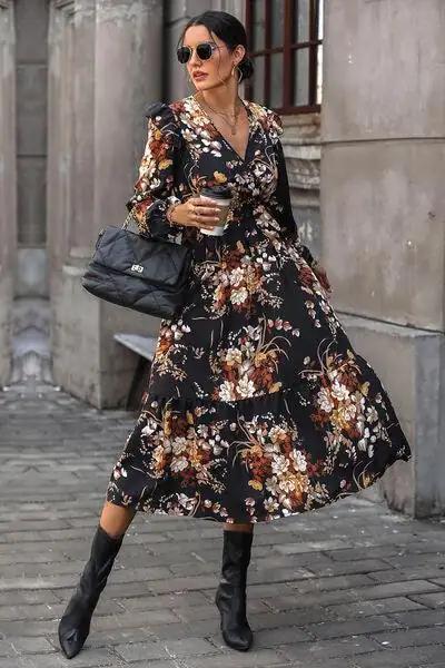 Floral Surplice Tie Front Ruffle Hem Midi Dress - Trendsi