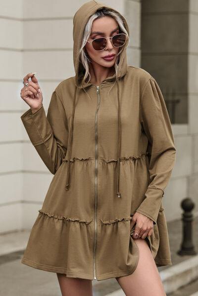 Zip Up Frill Drawstring Hooded Jacket - Flyclothing LLC