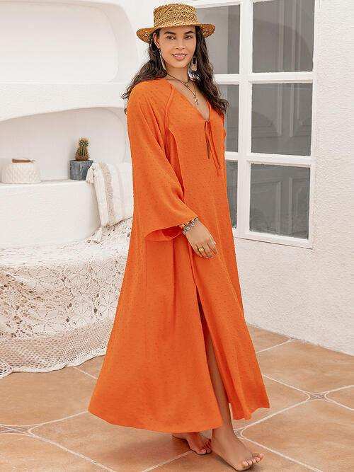 Plus Size Tie Neck Long Sleeve Slit Dress - Trendsi - Flyclothing LLC