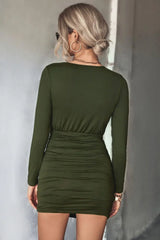 Twist Front Ruched Long Sleeve Mini Dress - Trendsi - Flyclothing LLC