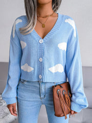 Cloud Print Button Down Ribbed Trim Cardigan - Trendsi