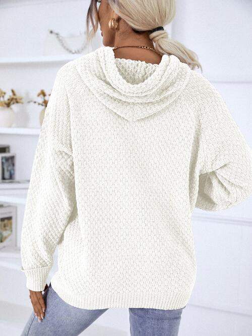 Texture Drawstring Long Sleeve Hooded Sweater - Trendsi - Flyclothing LLC