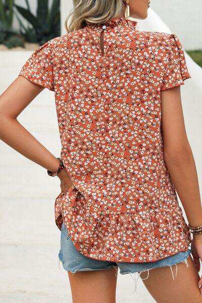 Ditsy Floral Mock Neck Short Sleeve T-Shirt - Trendsi - Flyclothing LLC
