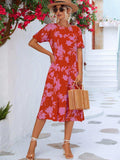 Floral Puff Sleeve Ruffle Hem Midi Dress - Trendsi - Flyclothing LLC