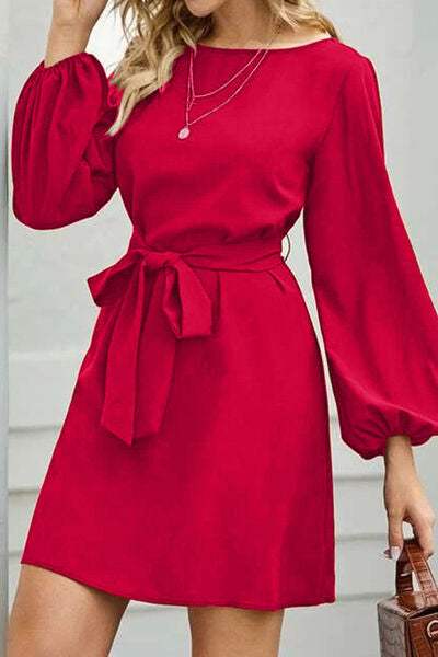 Tied Boat Neck Balloon Sleeve Mini Dress - Trendsi - Flyclothing LLC