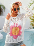 Flower Graphic Lace-Up Openwork Hooded Cover Up - Trendsi
