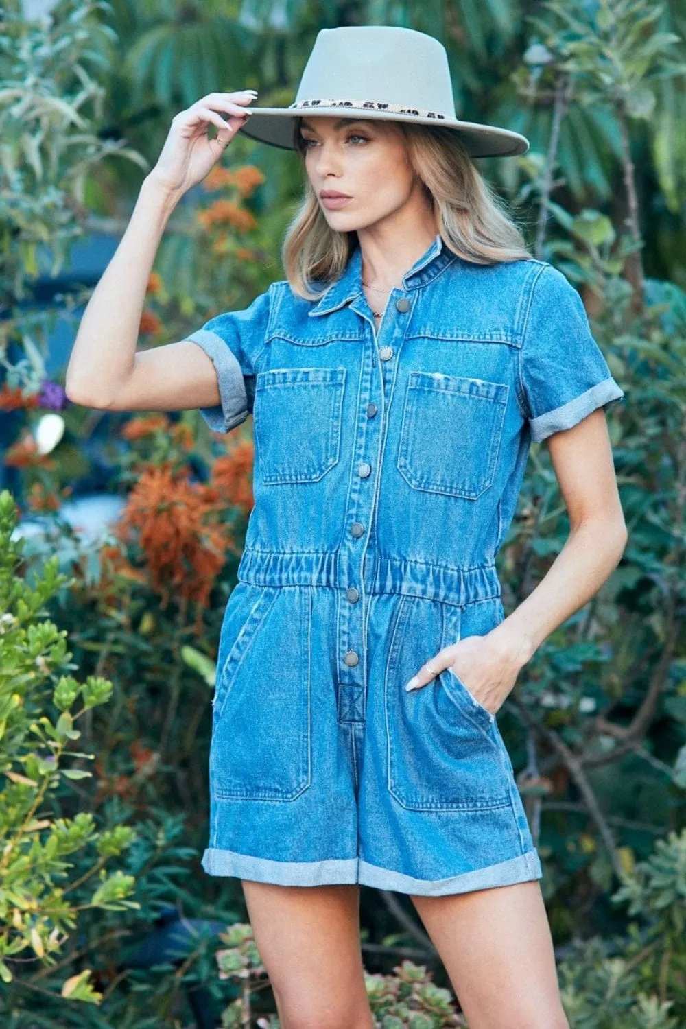 Veveret Elastic Waistband Denim Romper - Trendsi - Flyclothing LLC