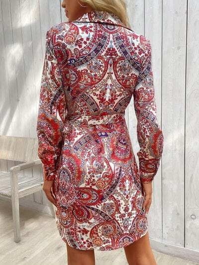 Tied Printed Long Sleeve Mini Dress - Trendsi - Flyclothing LLC