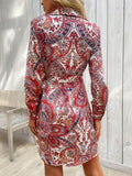 Tied Printed Long Sleeve Mini Dress - Flyclothing LLC
