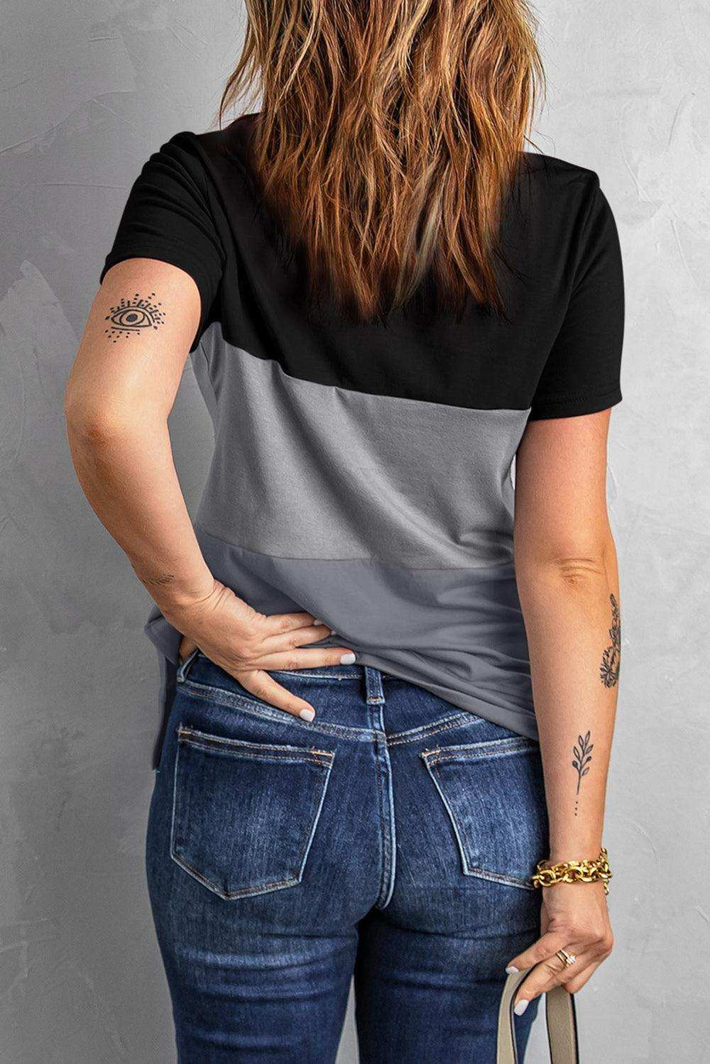 Color Block Side Slit Round Neck T-Shirt - Trendsi - Flyclothing LLC