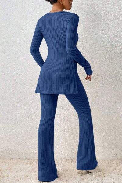 Ribbed Long Sleeve Slit Top and Bootcut Pants Set - Trendsi - Flyclothing LLC
