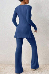 Ribbed Long Sleeve Slit Top and Bootcut Pants Set - Trendsi - Flyclothing LLC