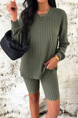 Ribbed Round Neck Dropped Shoulder Top and Shorts Set - Trendsi - Flyclothing LLC