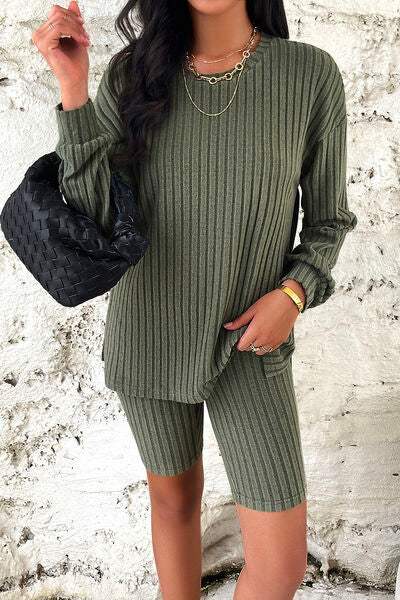 Ribbed Round Neck Dropped Shoulder Top and Shorts Set - Trendsi - Flyclothing LLC