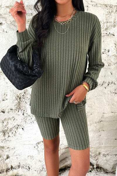 Ribbed Round Neck Dropped Shoulder Top and Shorts Set - Trendsi - Flyclothing LLC