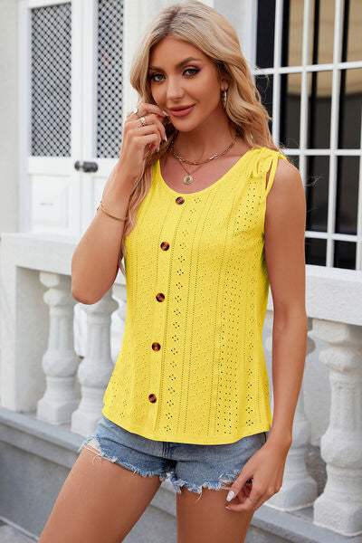 Eyelet Round Neck Wide Strap Tank - Trendsi - Flyclothing LLC